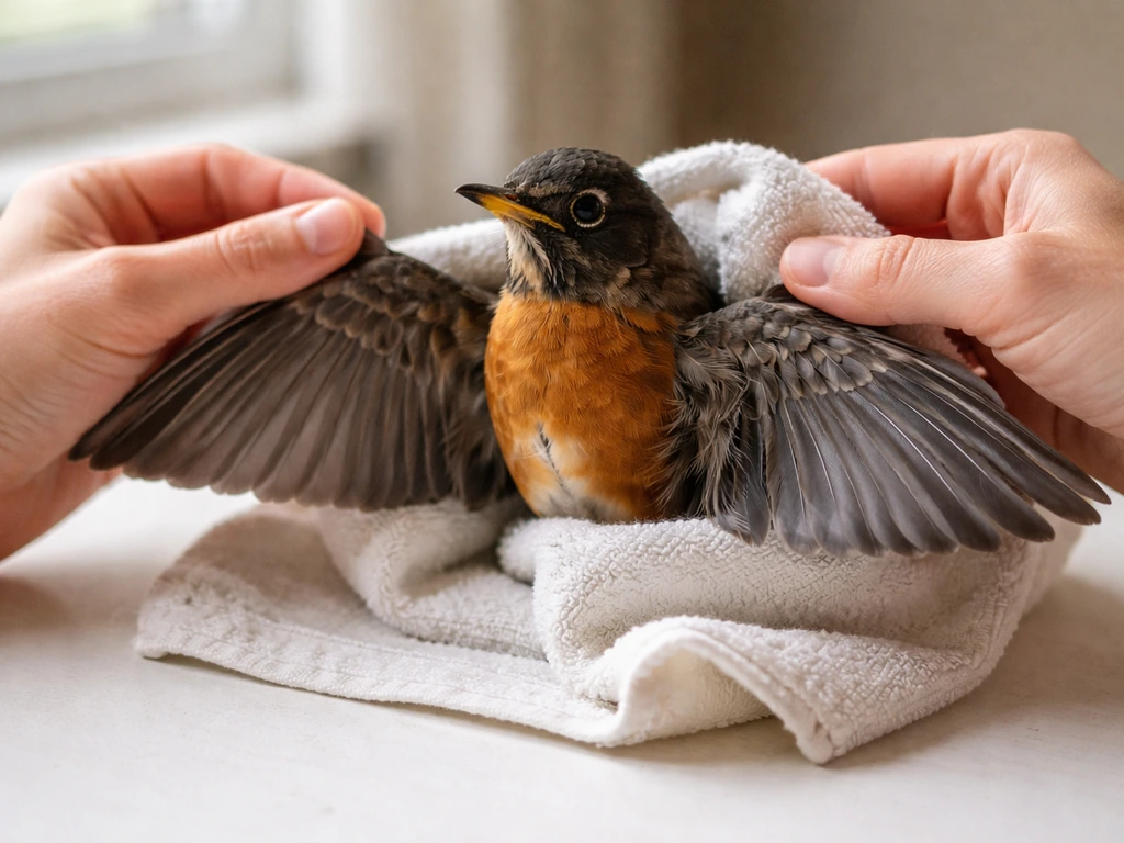 Closeup of a small bird in a towel with both wings visible while checking for injury.