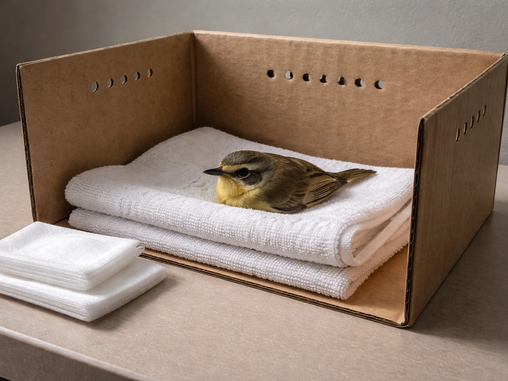 Close-up of a small bird wrapped in a clean towel inside a ventilated box with gauze nearby—no food or water.