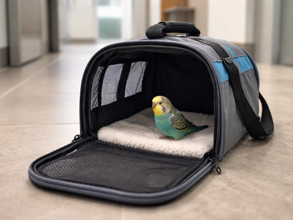 Open avian carrier on a clinic floor with a small pet bird perched nearby, no people visible.