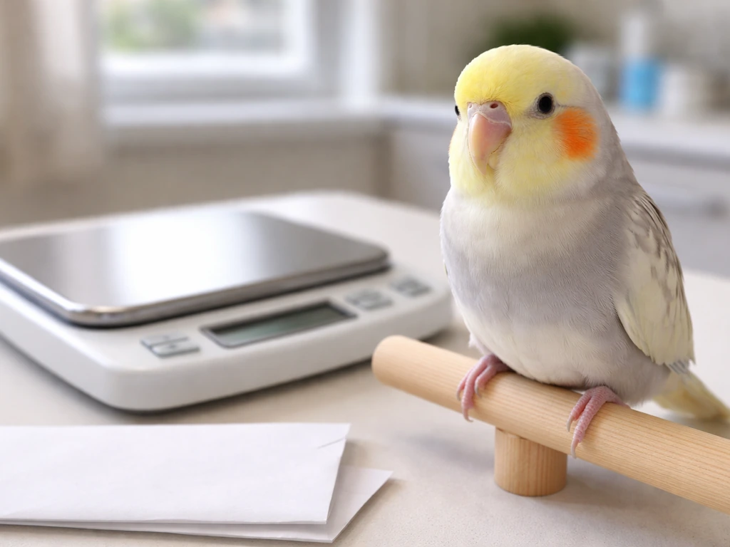 Small pet bird perched near a pet scale with a vet wellness checklist nearby