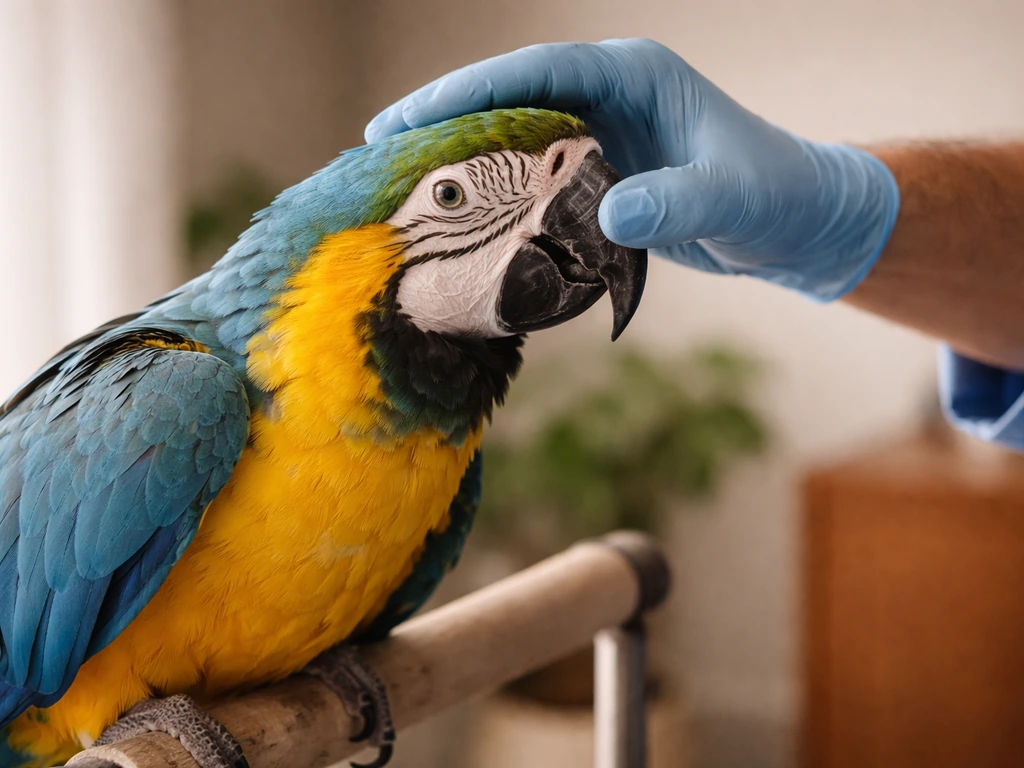 Vet’s gloved hand gently examining a macaw on a home perch during a routine wellness visit.