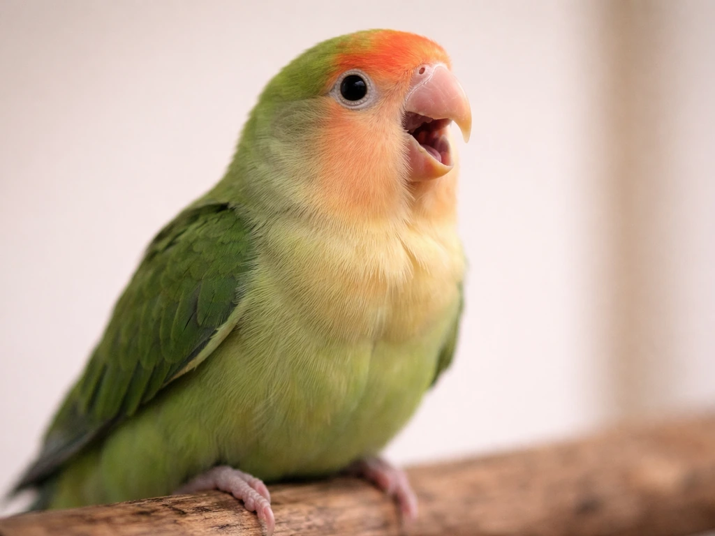 Close-up of a parrot with its beak slightly open, perched and breathing with visible effort.