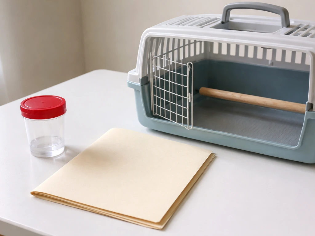 Clean fecal specimen container and paperwork folder beside an open bird carrier setup for vet prep.