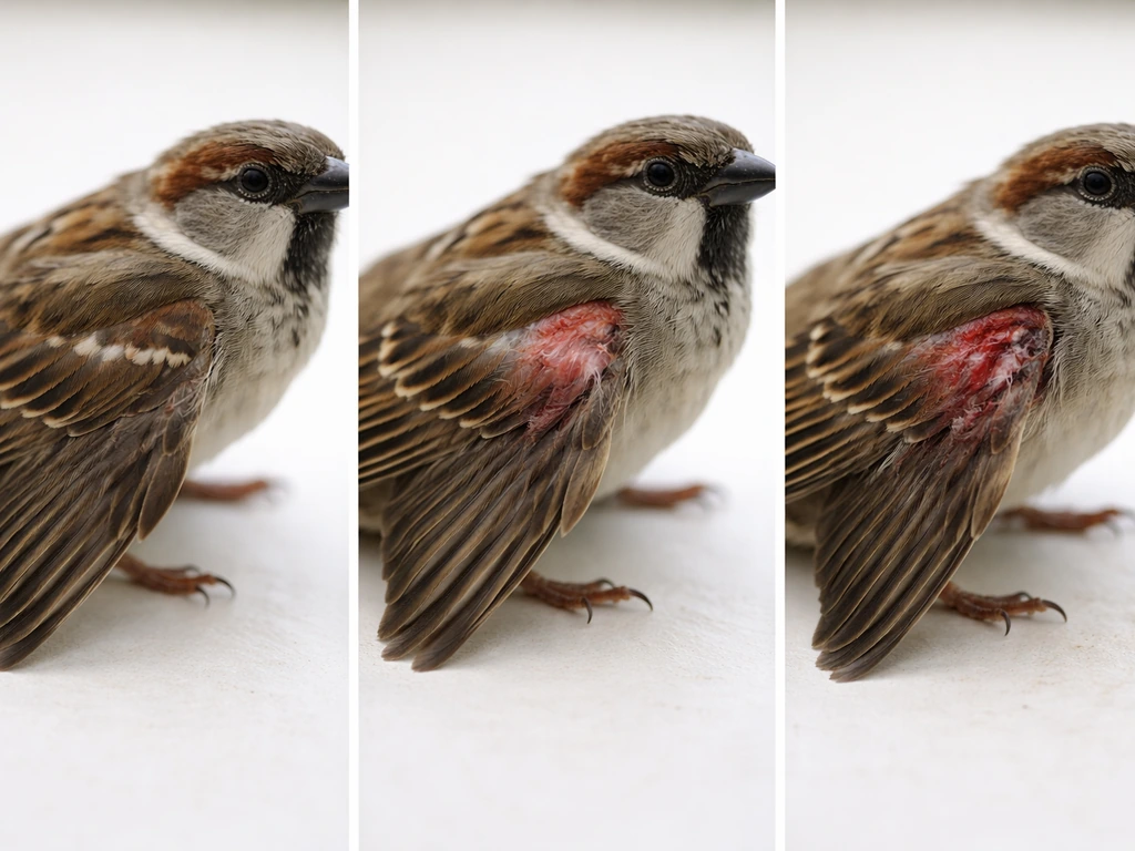 Three close-up photos of a bird wing showing three external injury severities in separate frames