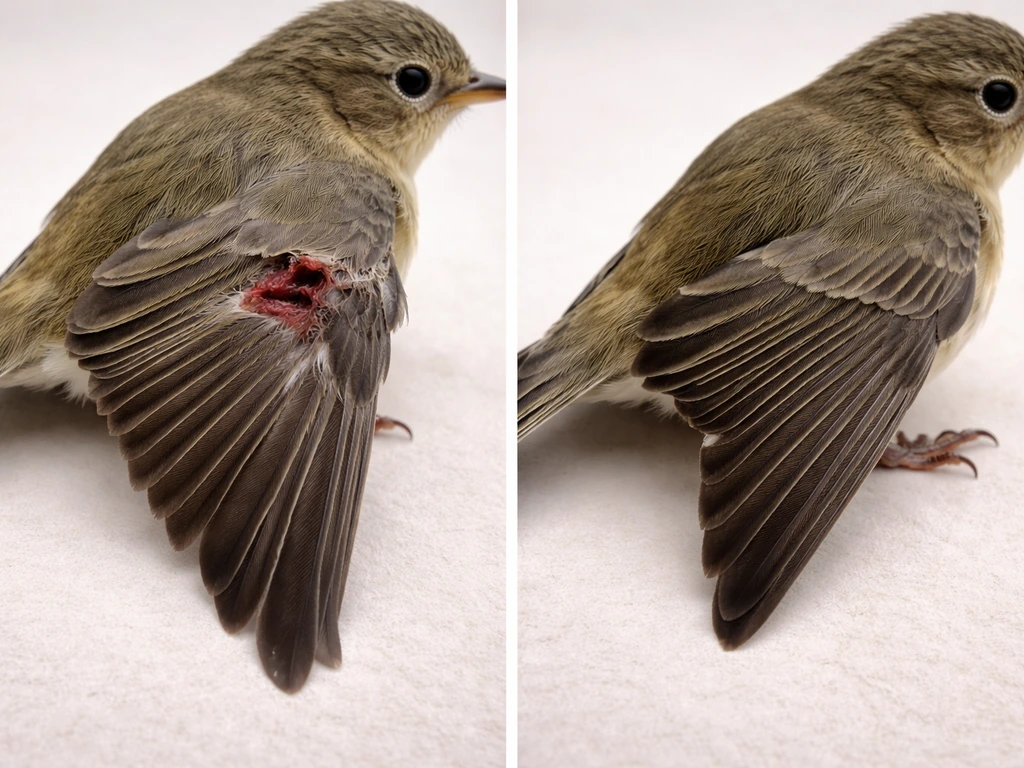 Close-up of an injured bird wing with visible swelling and blood, beside a healthy wing for contrast.