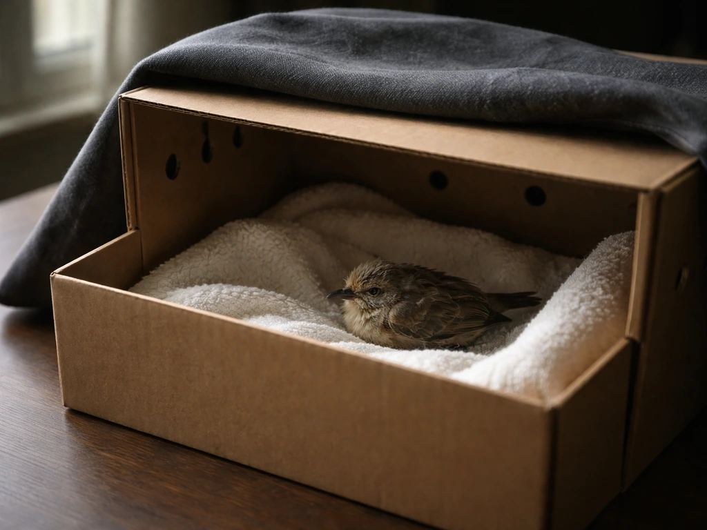 Injured bird gently resting in a ventilated shoebox-like box on a quiet surface