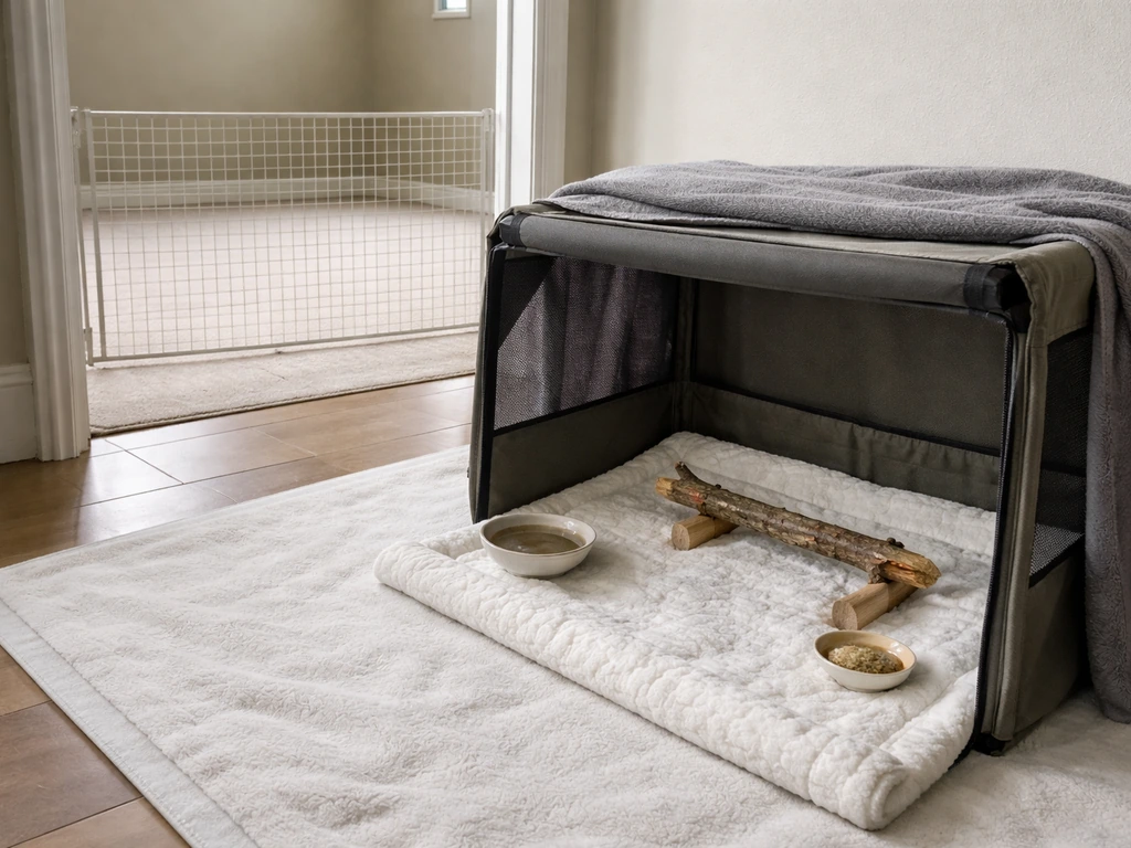 Safe bird recovery enclosure with low perch and padded floor, contrasting with an unused unsafe open area