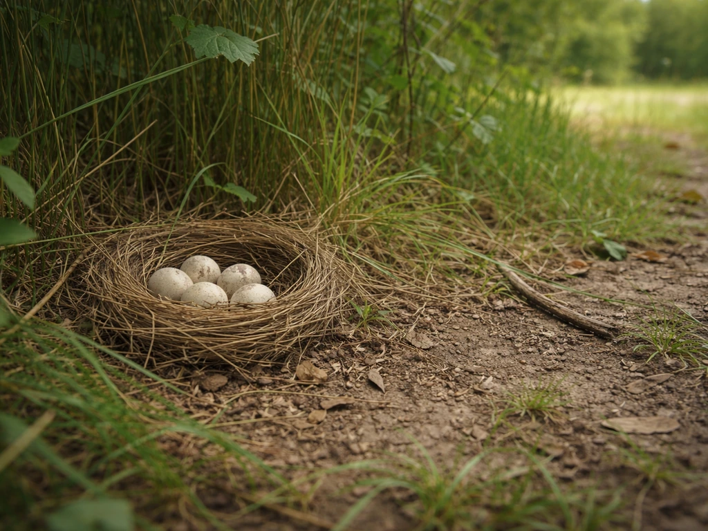 Small nest with eggs in a grassy wild area, photographed from a safe distance after nearby disturbance.