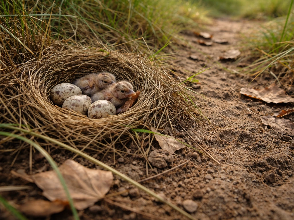 Outdoor bird nest with eggs and newly hatched chicks, surrounded by disturbed leaves and nearby footprints.