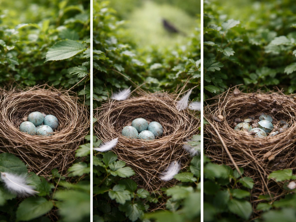 Three side-by-side nest scenes showing brief disturbance, repeated disturbance, and damaged nest conditions.