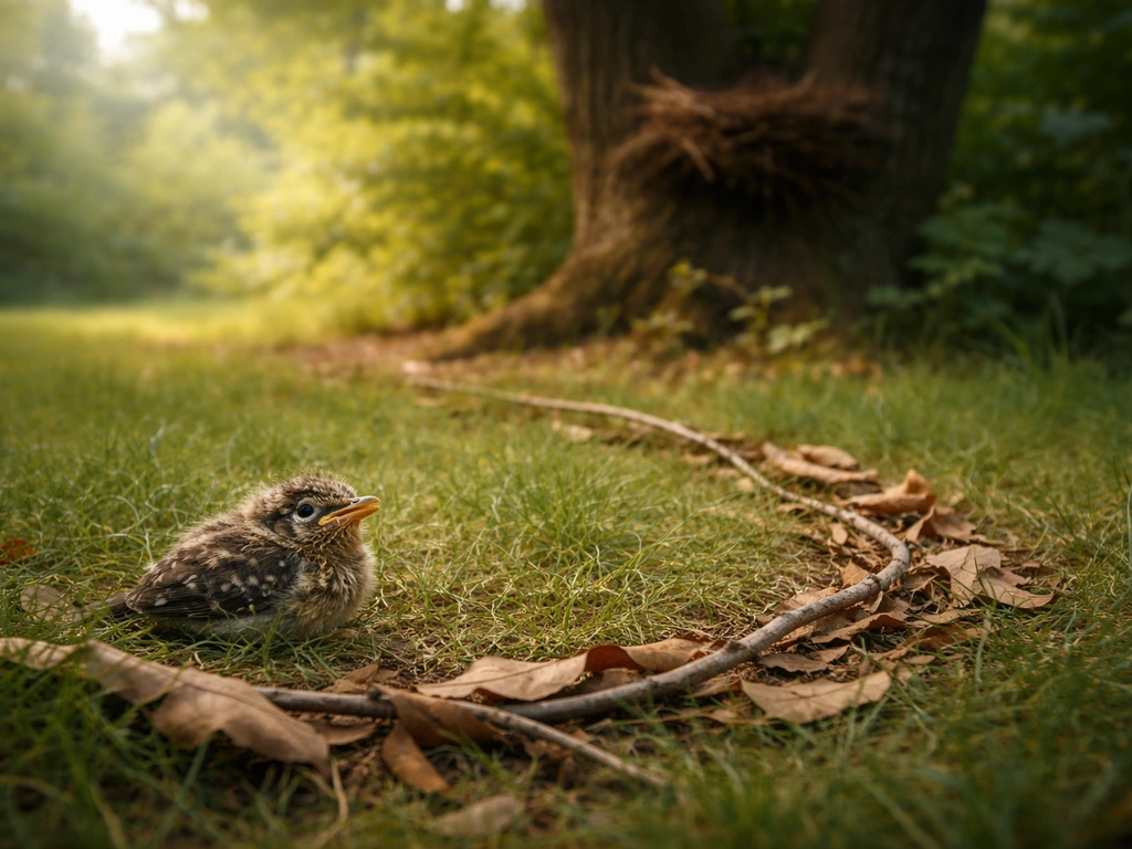 Fallen baby bird on grass near its nest, protected nearby with leaves and twigs, no people.