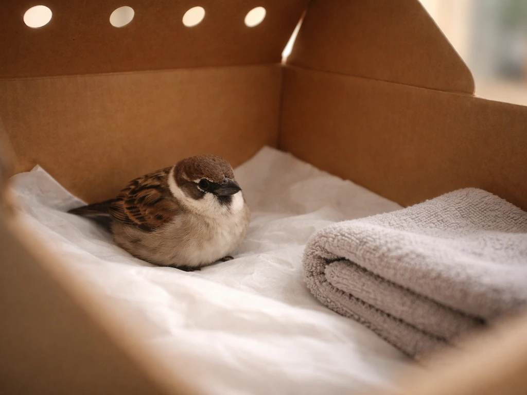 Small bird resting safely in a warm cardboard carrier with a towel nearby, calm first-aid setting.