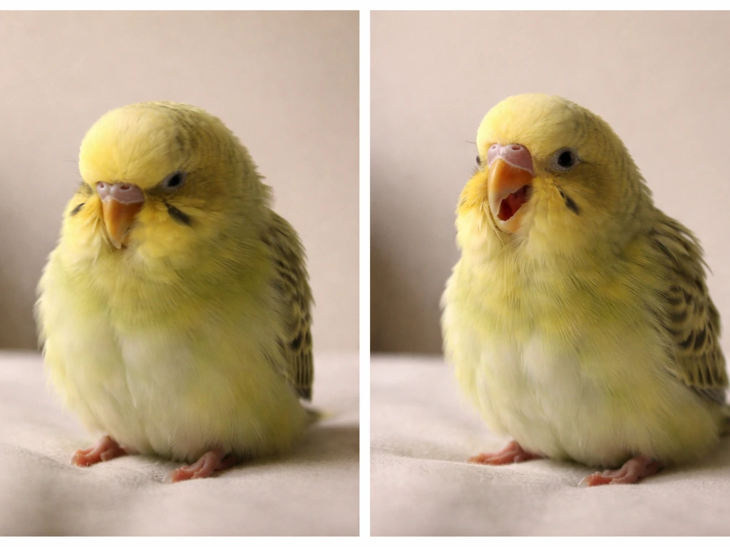 Two side-by-side bird close-ups: left twitching posture vs right open-mouth breathing emergency posture.