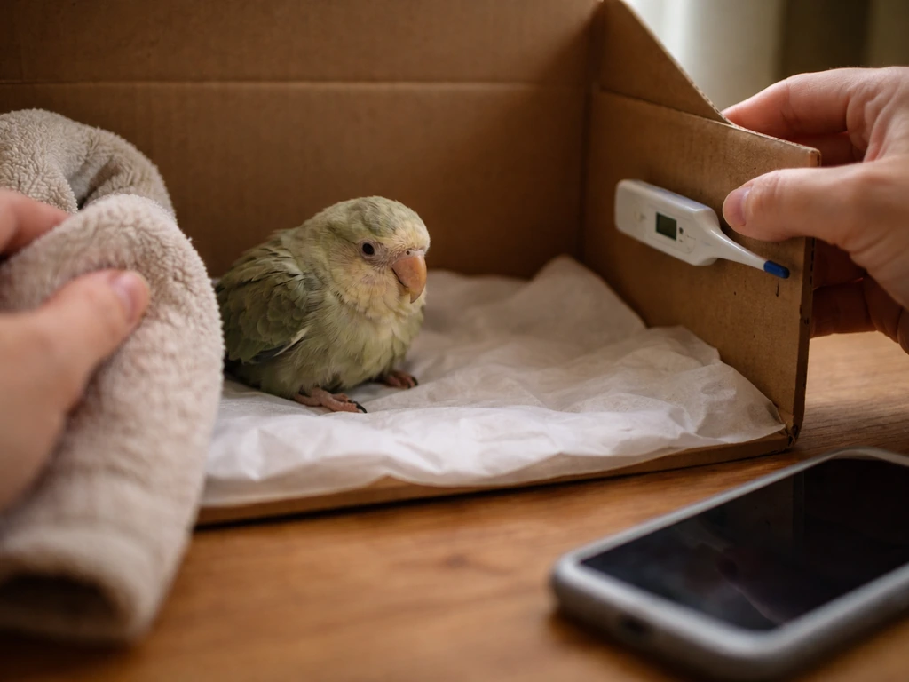 Small bird recovering in a dim box while a caregiver monitors breathing and body temperature.