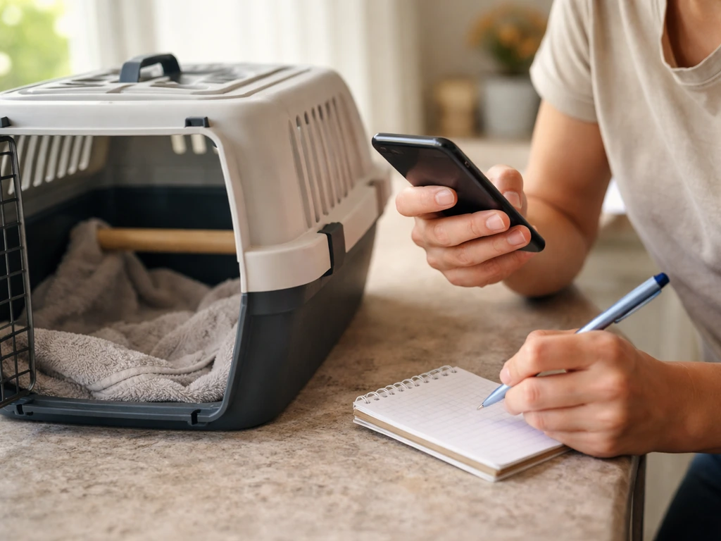 Caregiver holding a phone beside a pet carrier while writing notes about a bird’s seizure duration.