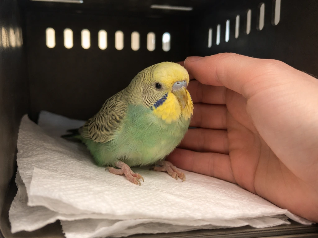A small bird struggling to stand receives gentle first aid in a clean, safe recovery box.