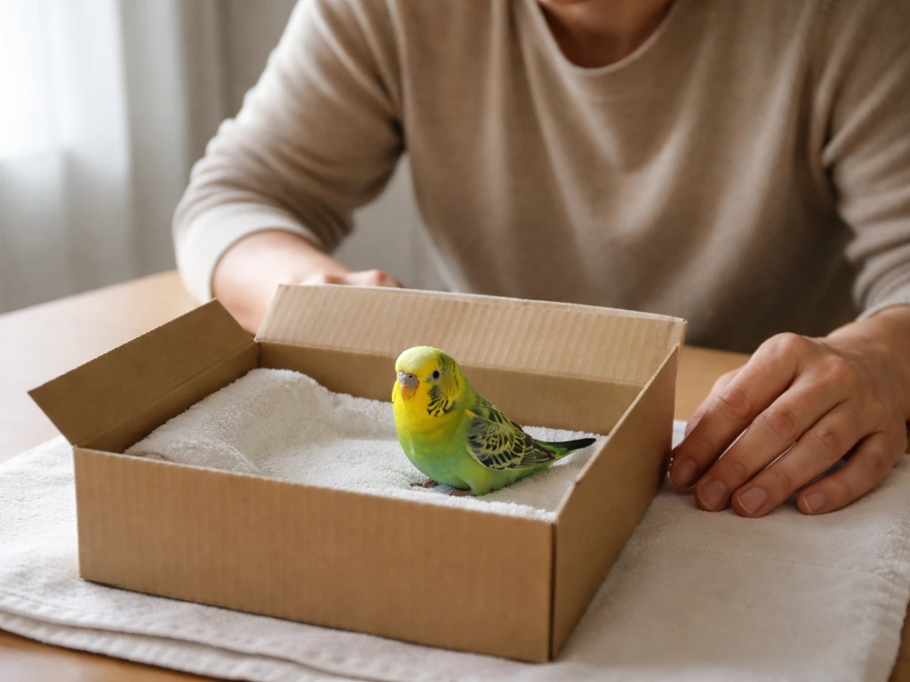 Caregiver watching a small pet bird closely in a calm room as if triaging first aid needs.