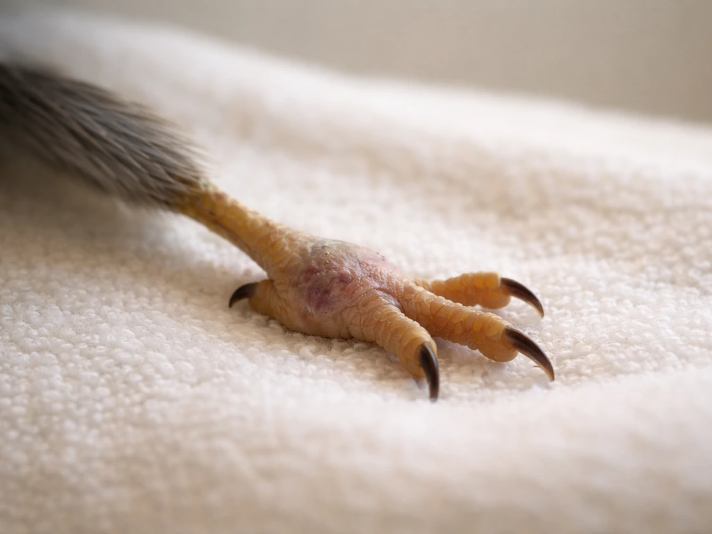 Close-up view of a bird’s injured foot and ankle with visible swelling and mild discoloration.