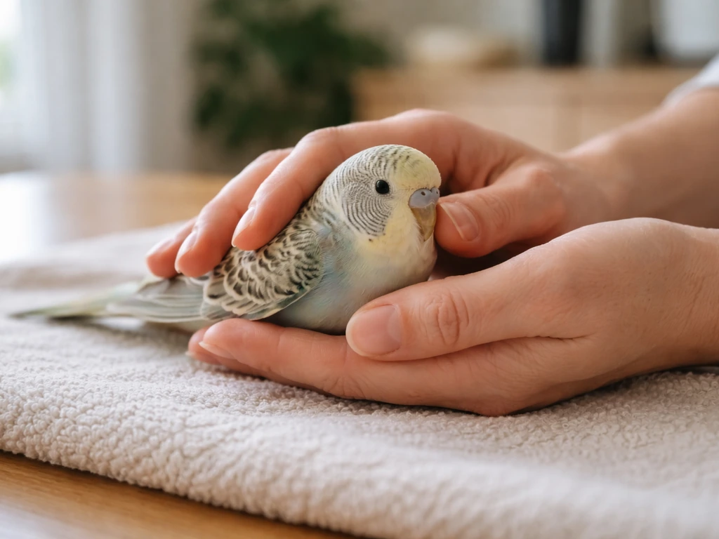 Caregiver’s hands gently holding a small bird, supporting its body and keeping wings relaxed.