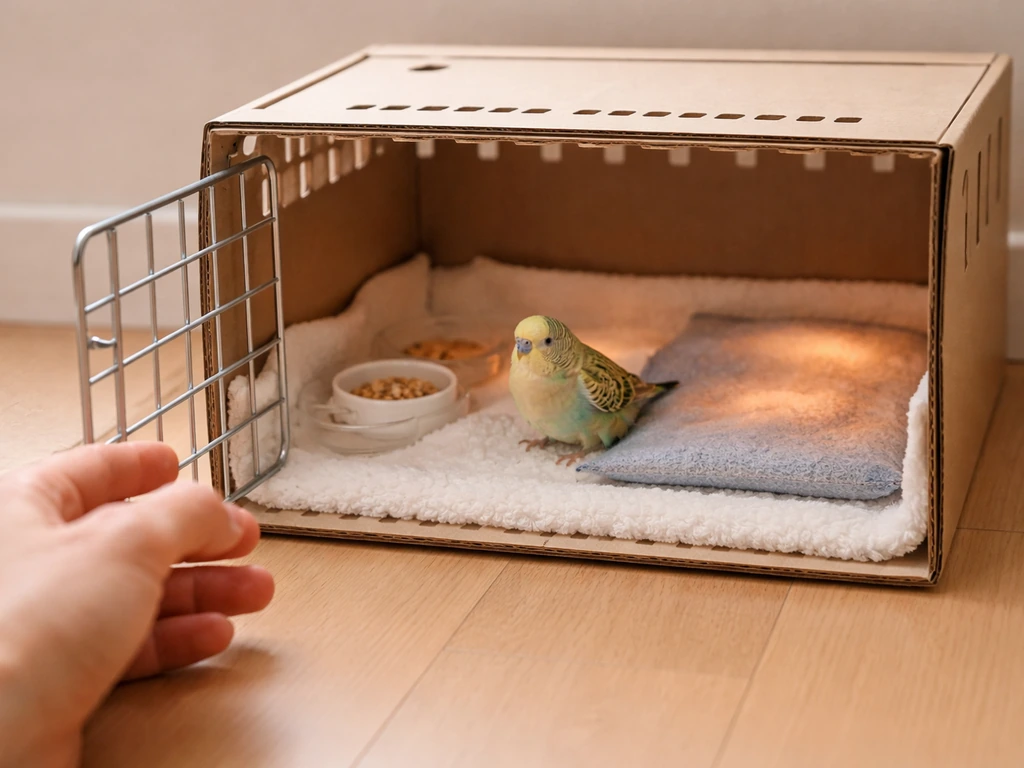 Small bird recovery setup on a floor-level carrier with warm pad and soft, non-slip bedding and a caretaker’s hand.