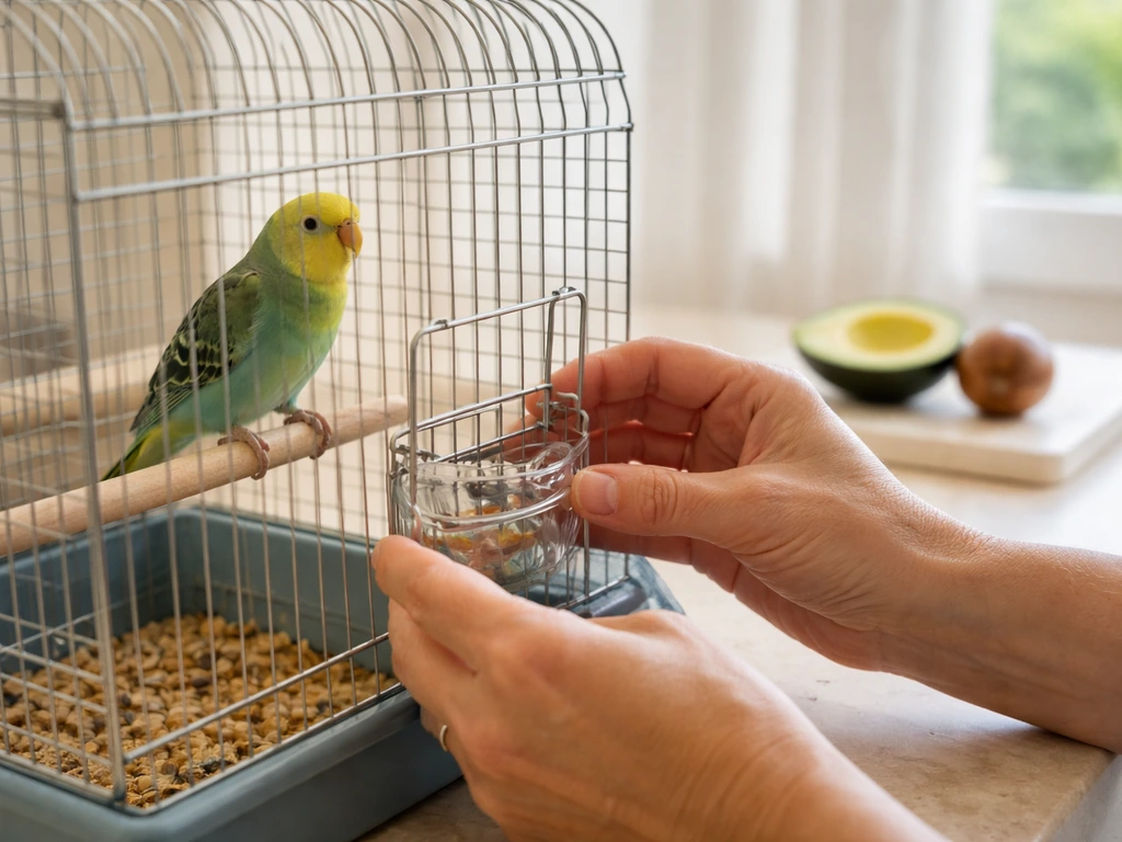 Bird in its cage with an alert caregiver nearby after suspected avocado ingestion.