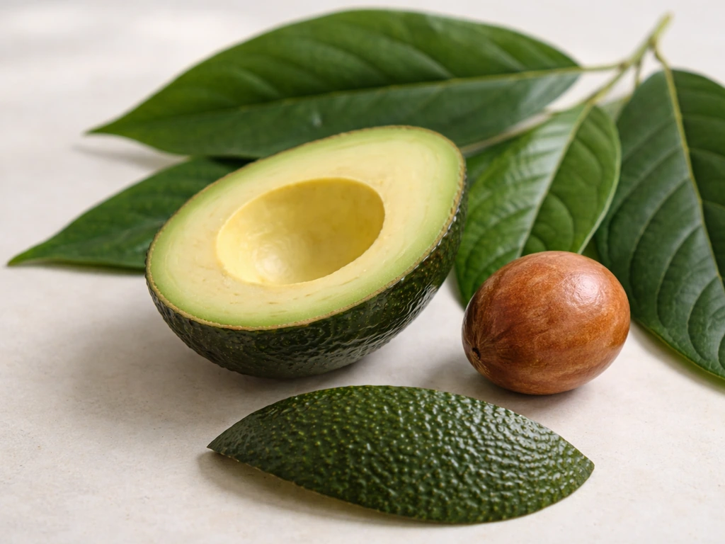 Close-up of avocado flesh, skin, pit, and leaves on a simple surface to suggest potential bird risk.