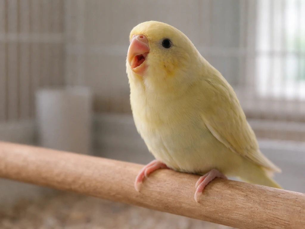 Close-up of a small bird in a clean indoor setting showing subtle open-mouth and tail-bobbing breathing cues.