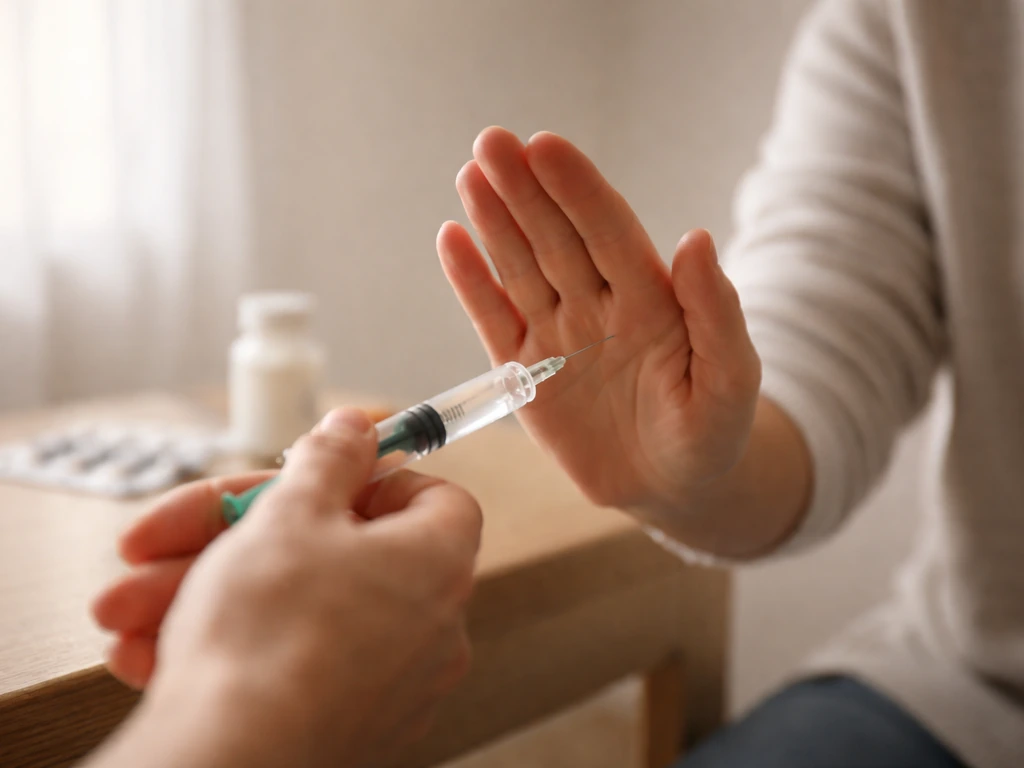 Caregiver’s hand gently moves away from a syringe/medicine attempt; activated charcoal treatment is clearly avoided.