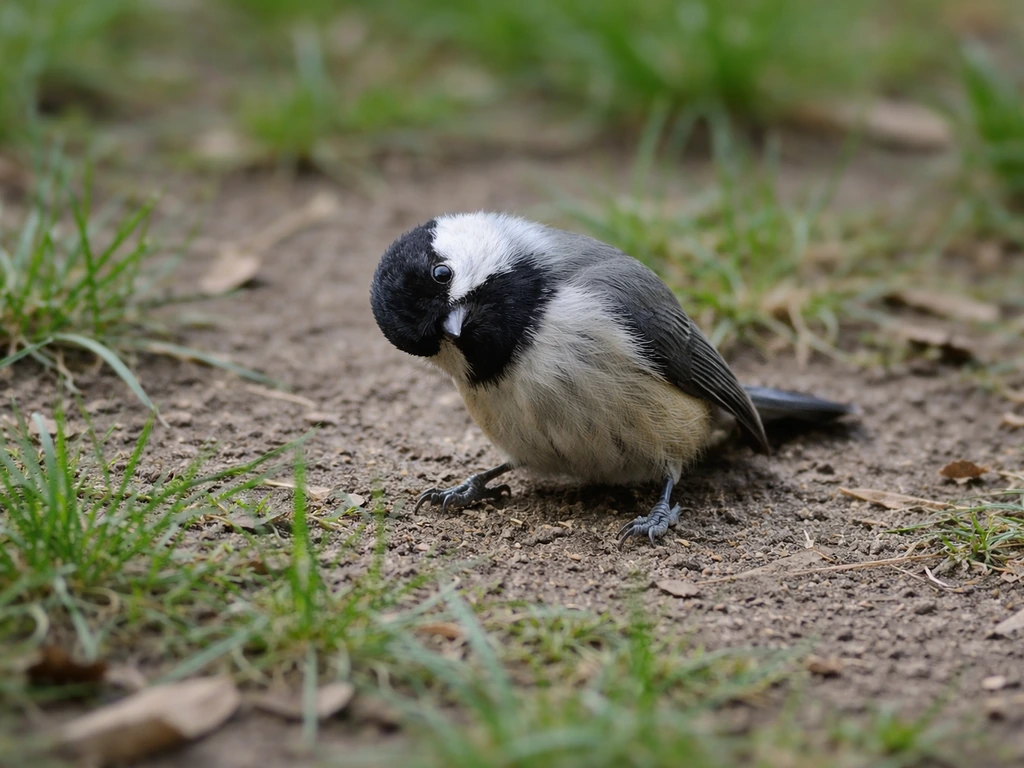 Small bird on the ground in sudden distress, head tilted and uncoordinated posture.