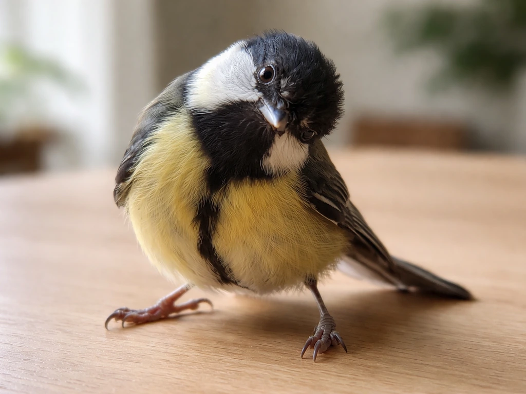 Close-up of a small bird with a pronounced head tilt and imbalance, suggesting a sudden neurologic emergency.
