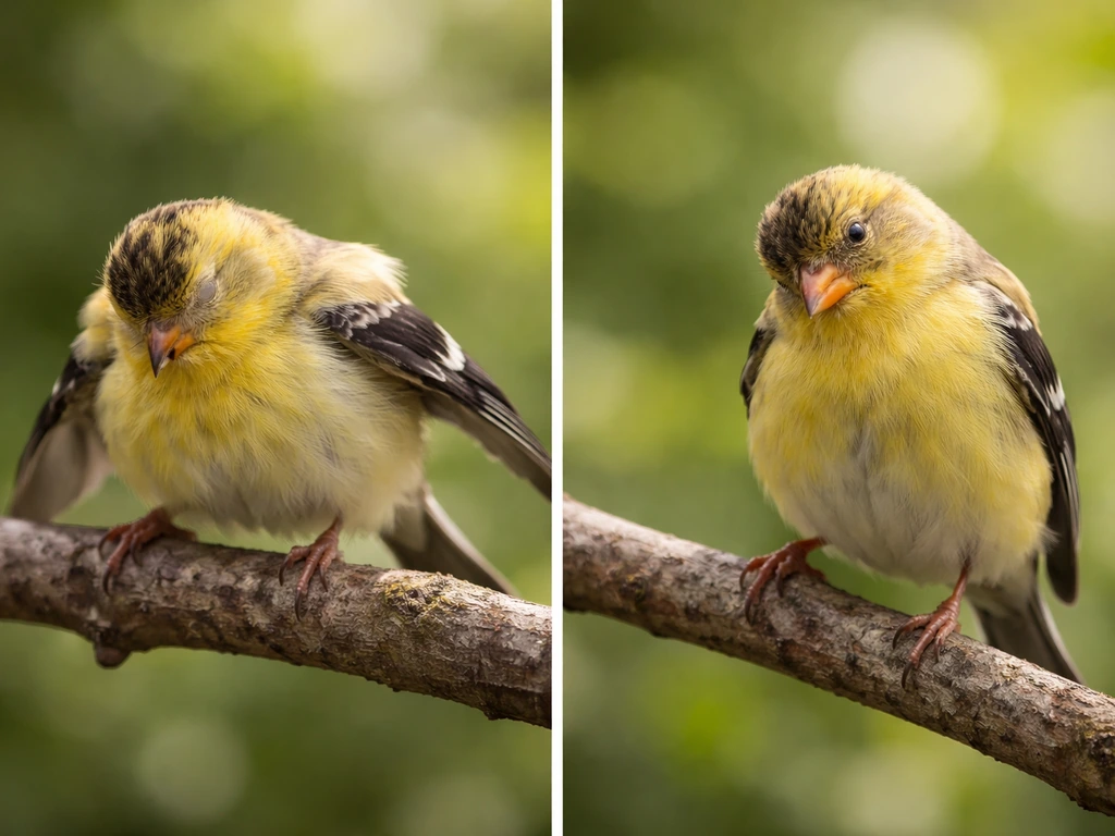 Two small birds on branches showing seizure-like and head-trauma-like postures outdoors.