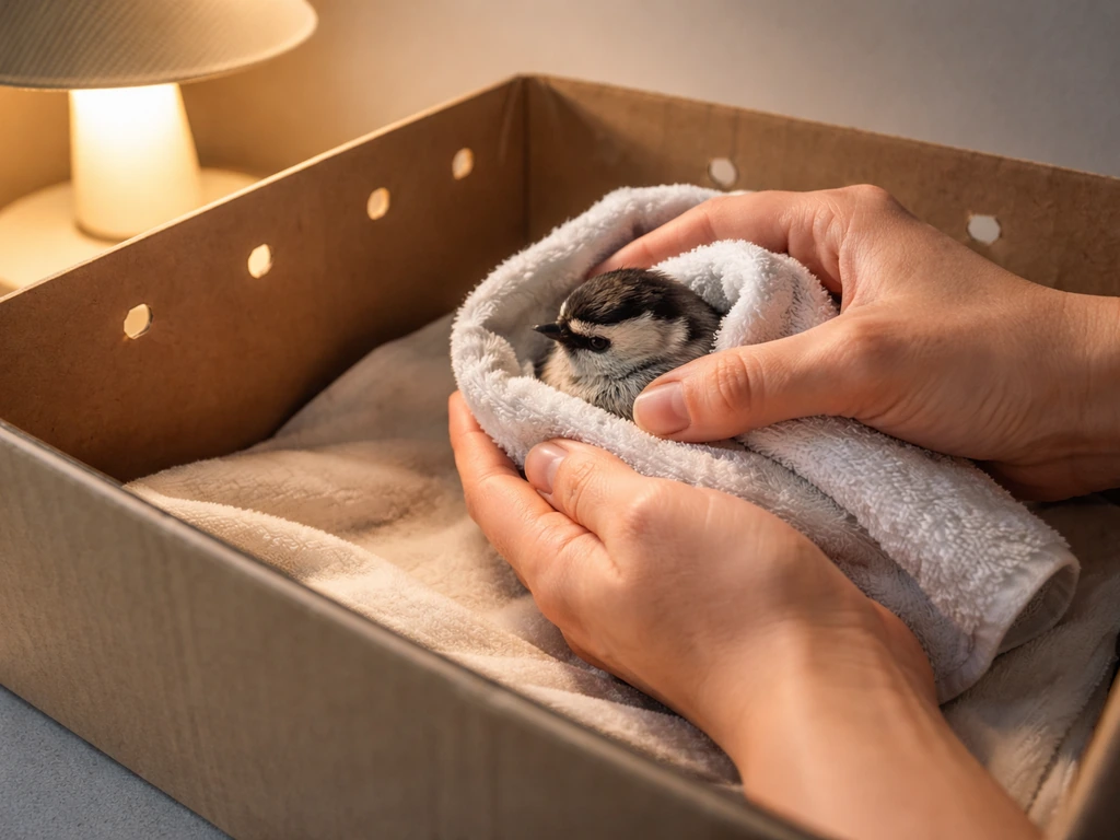 Person gently towel-cupping a small bird into a warm dark ventilated box to prevent flapping.