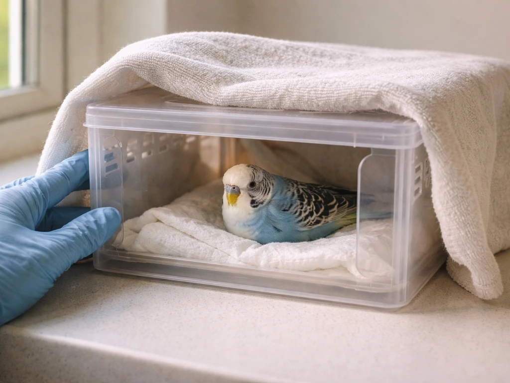A small pet bird calmly resting in a warm recovery box under a towel with caregiver-ready first aid care.