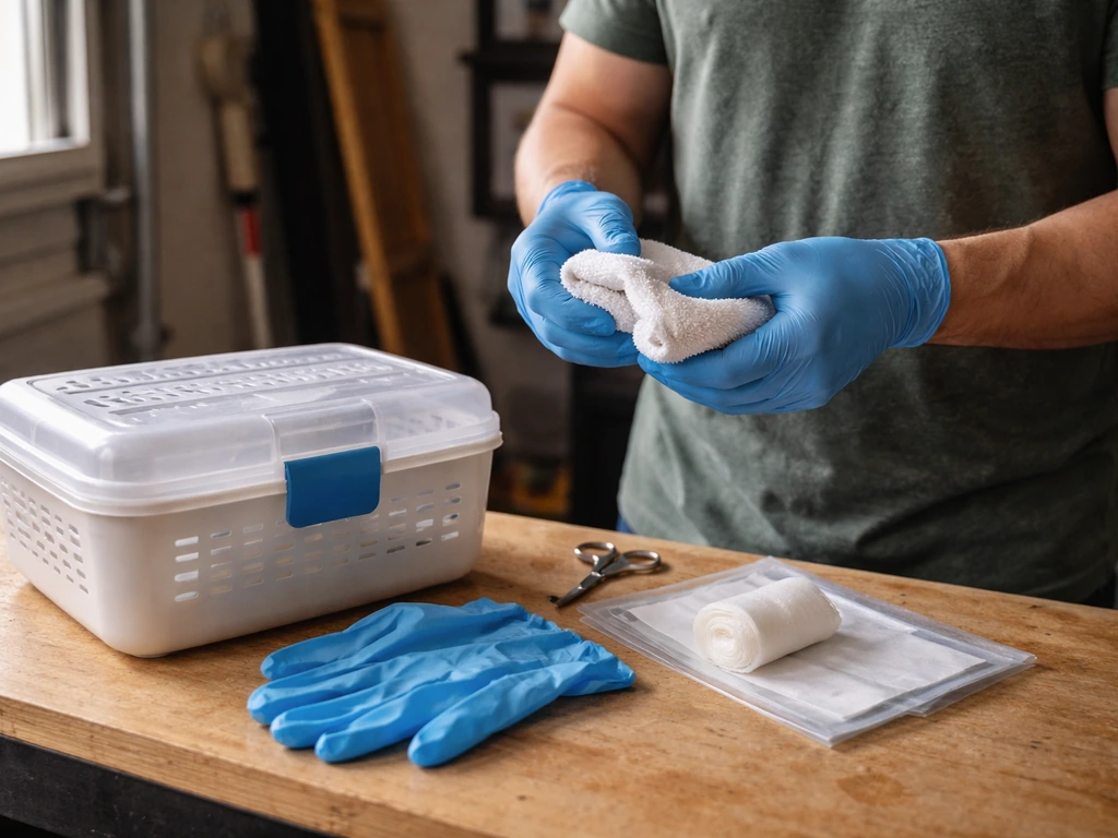 Anonymous person putting on gloves and arranging a towel and small ventilated container for first aid.