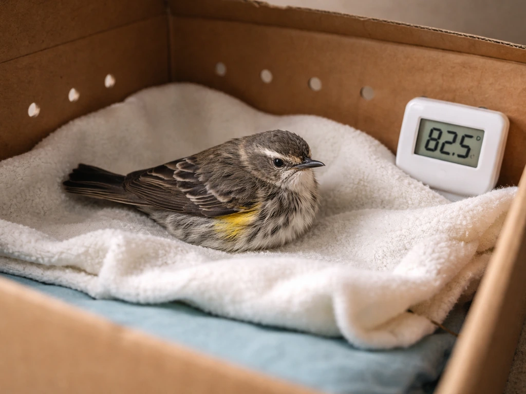 Injured bird resting in a ventilated box on a gentle heat source, with a thermometer nearby