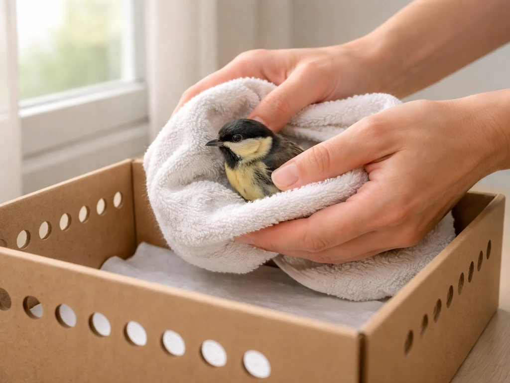 Stunned bird supported in a towel being placed into a ventilated recovery box near a window.