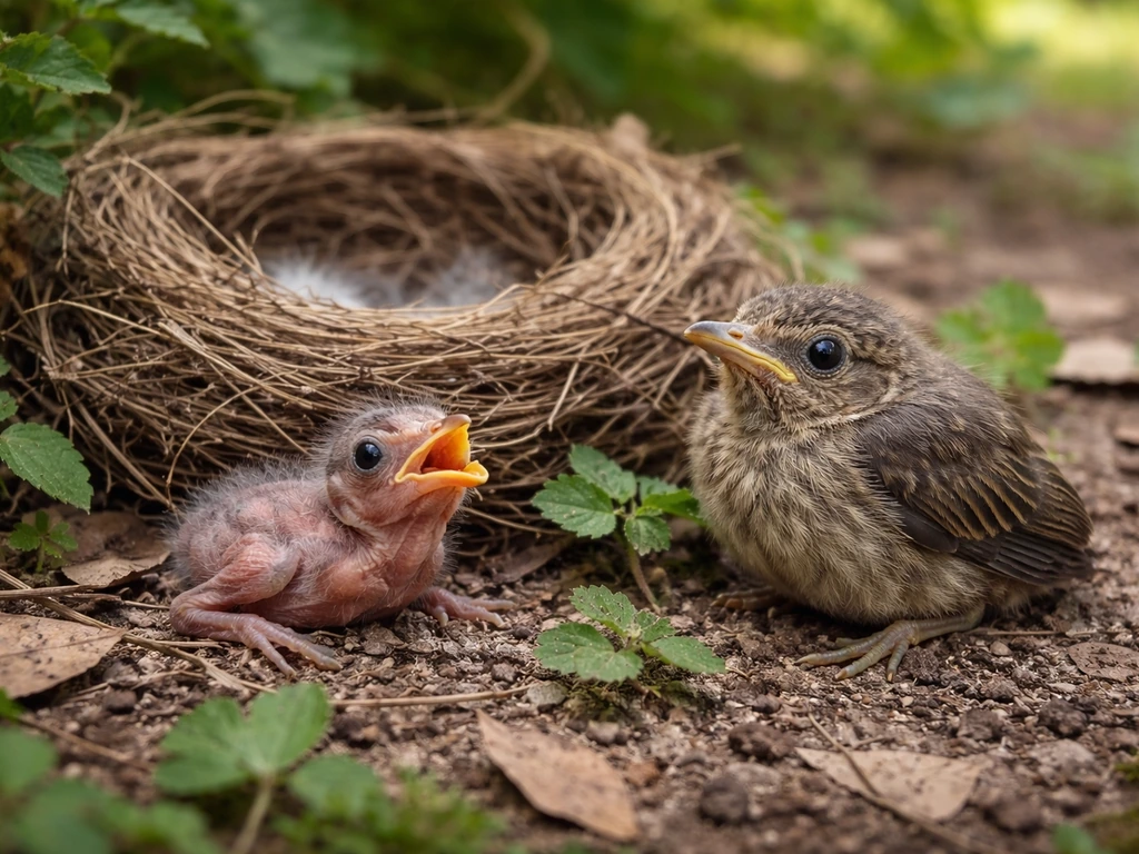 Two small baby birds near a natural nest on the ground, showing nestling vs fledgling differences safely outdoors.