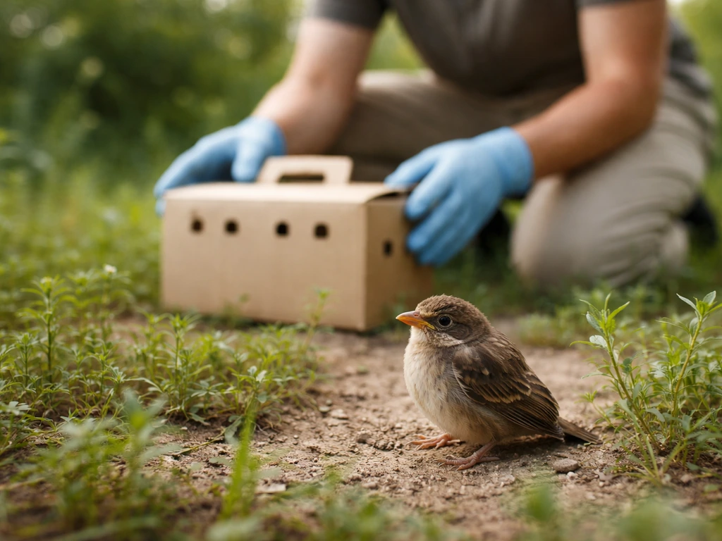 A small fully-feathered fledgling on the ground while a gloved helper prepares a ventilated transport box.