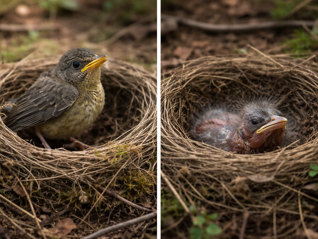 Split close-up view of a feathered fledgling beside a mostly naked hatchling in a simple nest