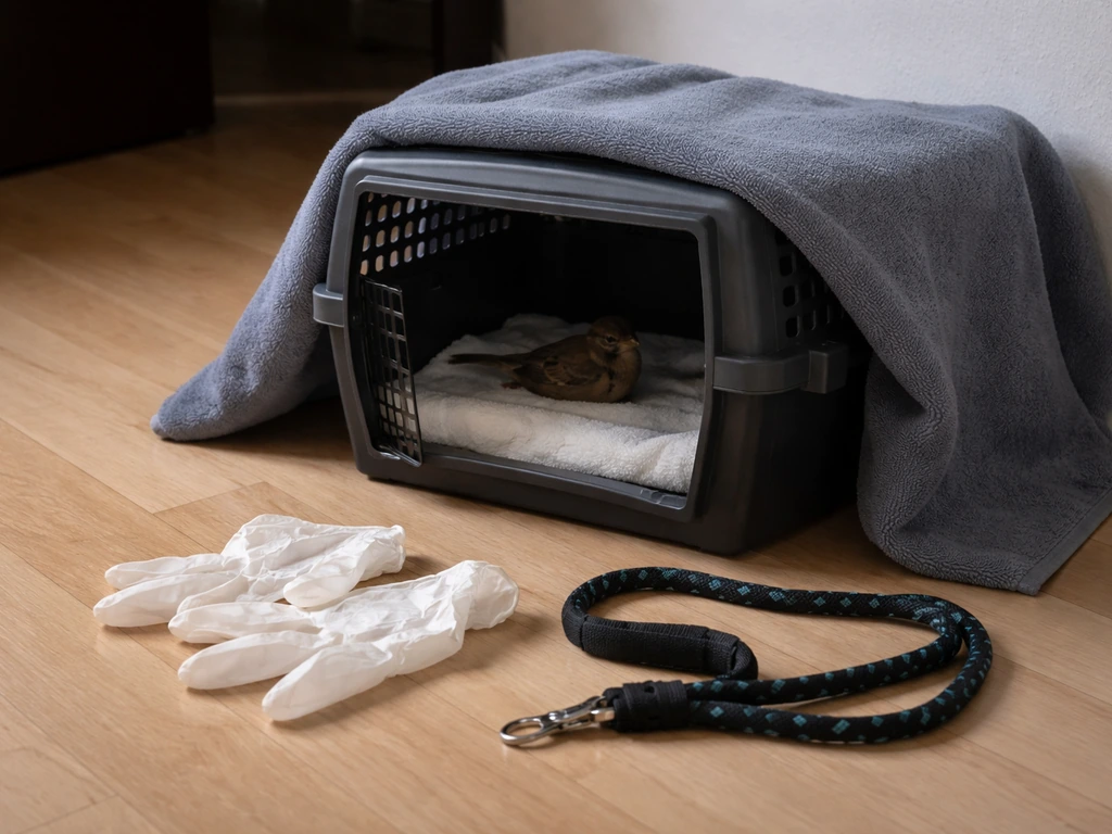 Small bird secured in a dark transport box beside gloves and a leash after a pet attack.