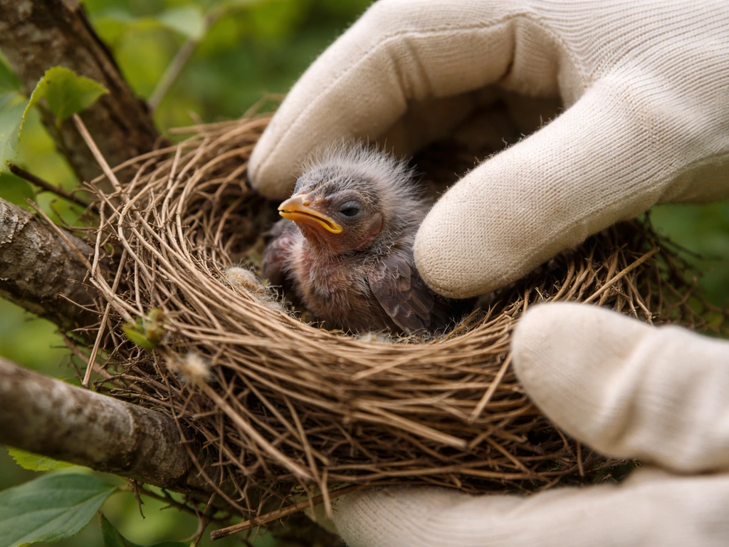 Gloved hands carefully placing a lightly-feathered nestling back into an intact nest on a branch.
