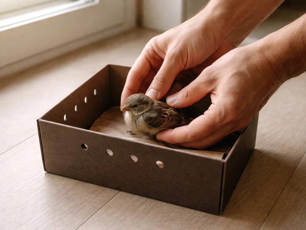 A small stunned bird placed in a ventilated dark box after a window strike
