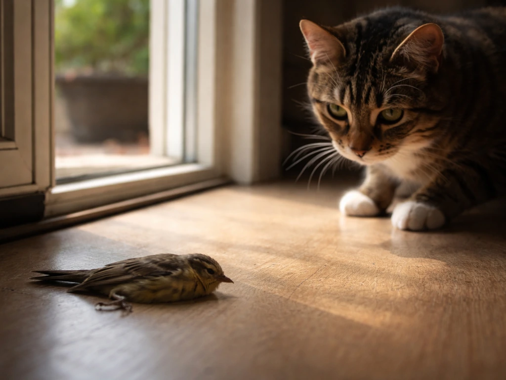A cat looks at a small bird on the floor near an open window, suggesting an urgent home emergency.