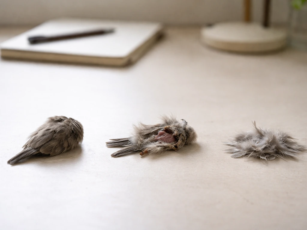 Three small bird-remnant options on a neutral tabletop: whole, partially eaten, and feathers only.