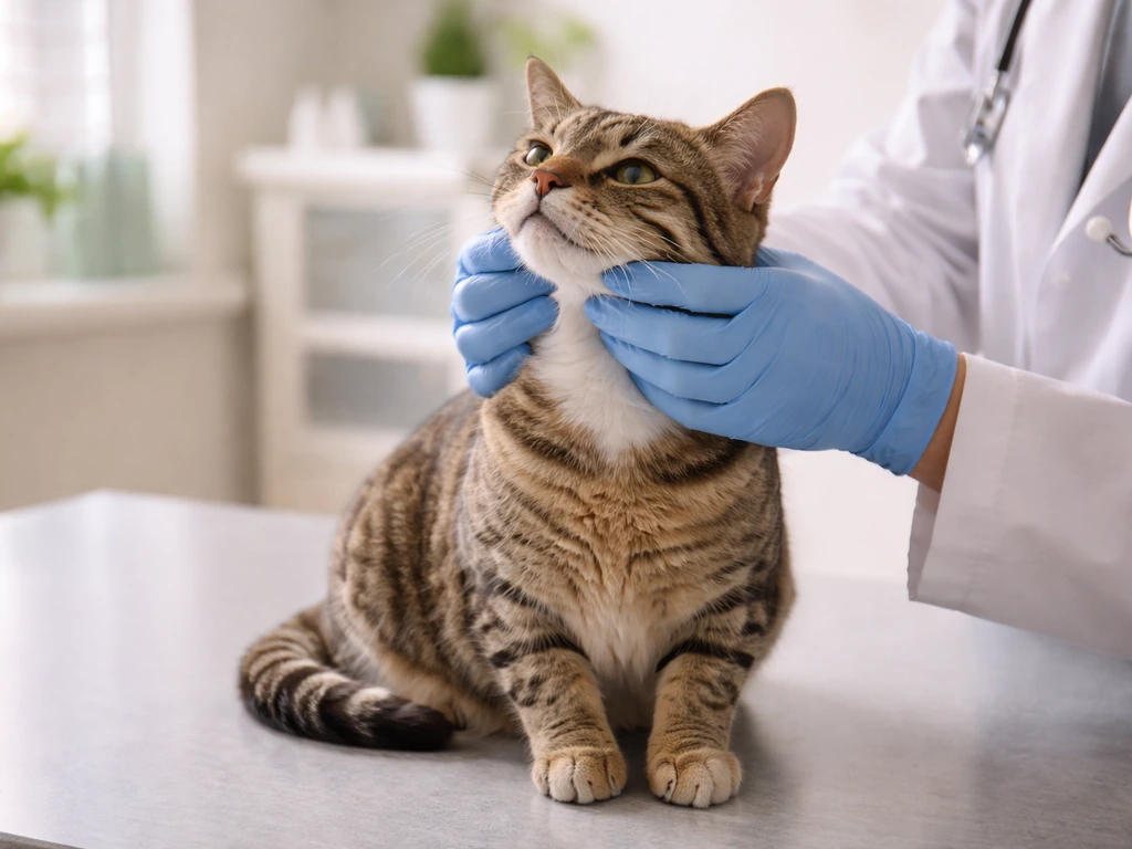 Close-up view of a cat in a veterinary exam room while a veterinarian checks its mouth and neck area