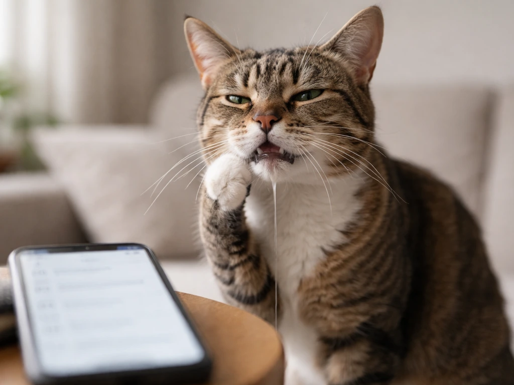 A sick cat drooling and pawing at its mouth beside an open phone showing a vet checklist