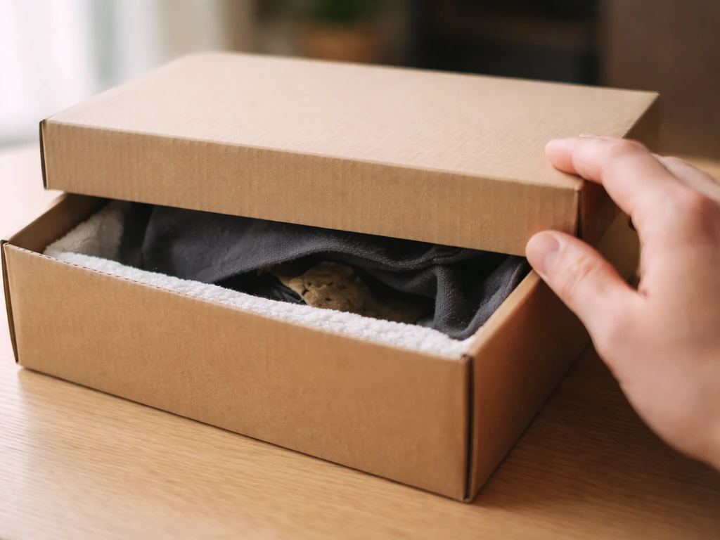 A small bird inside a closed shoebox with a dark cover, ready for quiet recovery after a window collision.