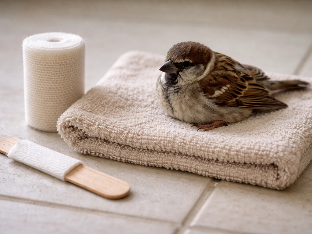 Injured bird resting on a towel with unused bandage and splint nearby, not wrapped or splinted.
