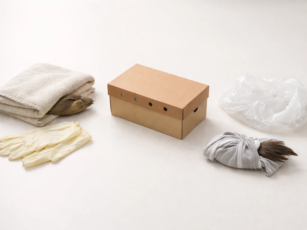 Towel, gloves, ventilated shoebox, and plastic bag set on a table to illustrate safe vs unsafe bird handling.