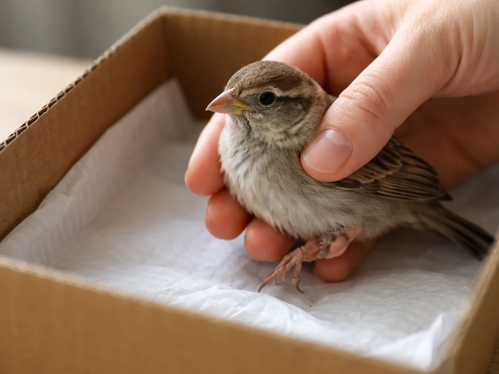 Close-up of a small injured bird being gently placed into a lined cardboard recovery box for urgent care.